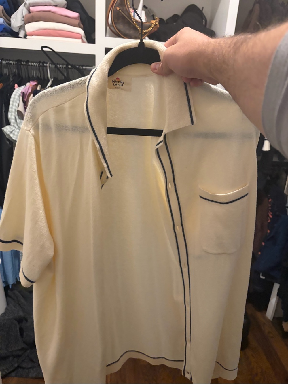 Marine Layer Cream Short-Sleeve Knit Shirt with Navy Trim